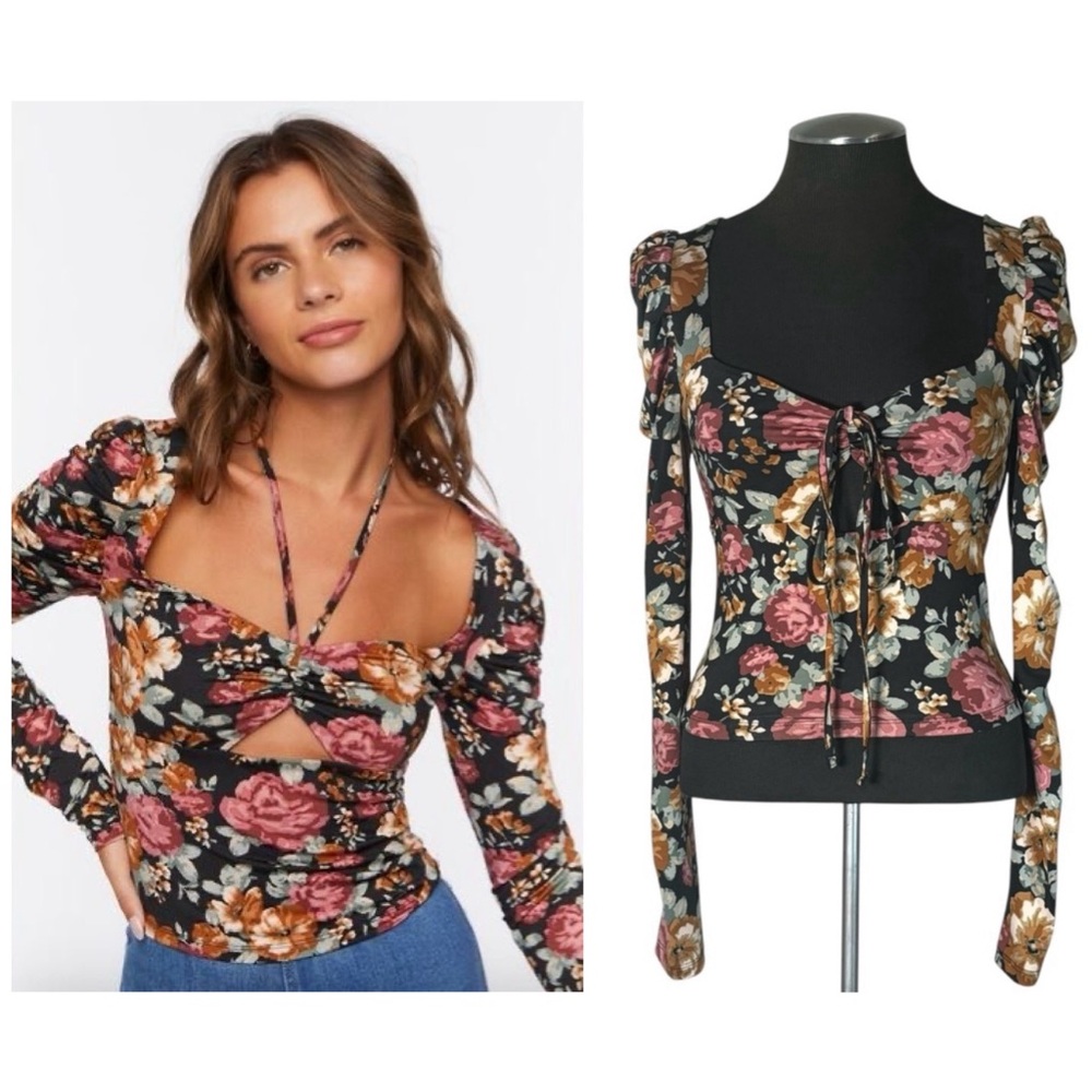 Forever 21 – Knit Floral Long Sleeve Cutout Crop Top – Small